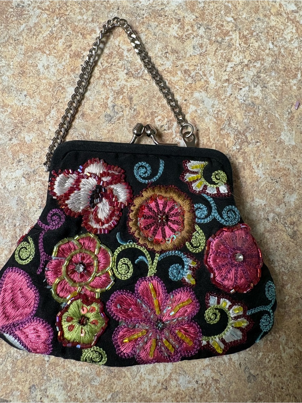 Vera Bradley 25th anniversary Black Embroidered Floral Handbag with Chain Strap